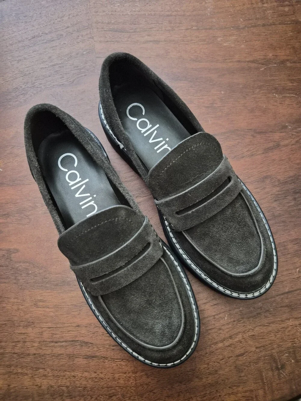 Calvin Klein Womens Olive Brown Suede Lug Sole Penny Loafers Size 6